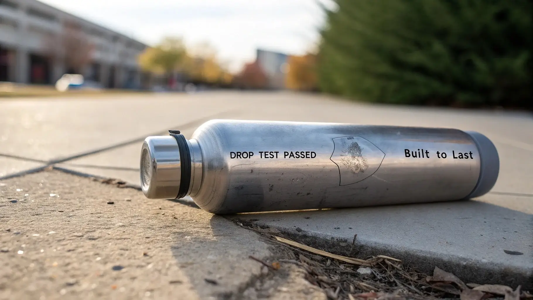 Scratched but intact stainless steel water bottle on pavement after drop test