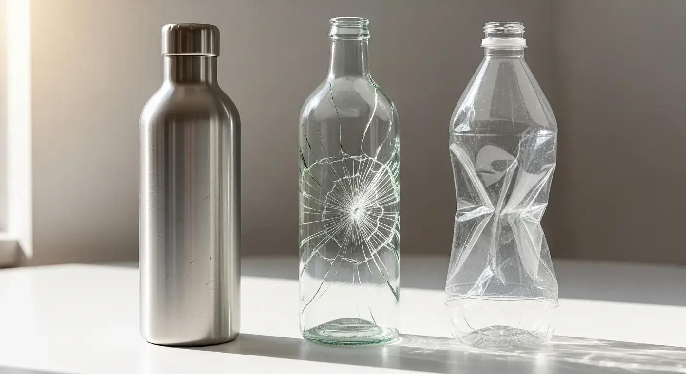 Stainless steel bottle unharmed beside dented plastic and cracked glass bottles