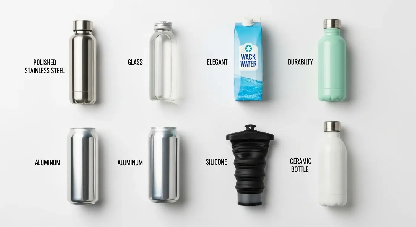Collection of recyclable steel, glass, boxed water, aluminium, silicone, ceramic bottles