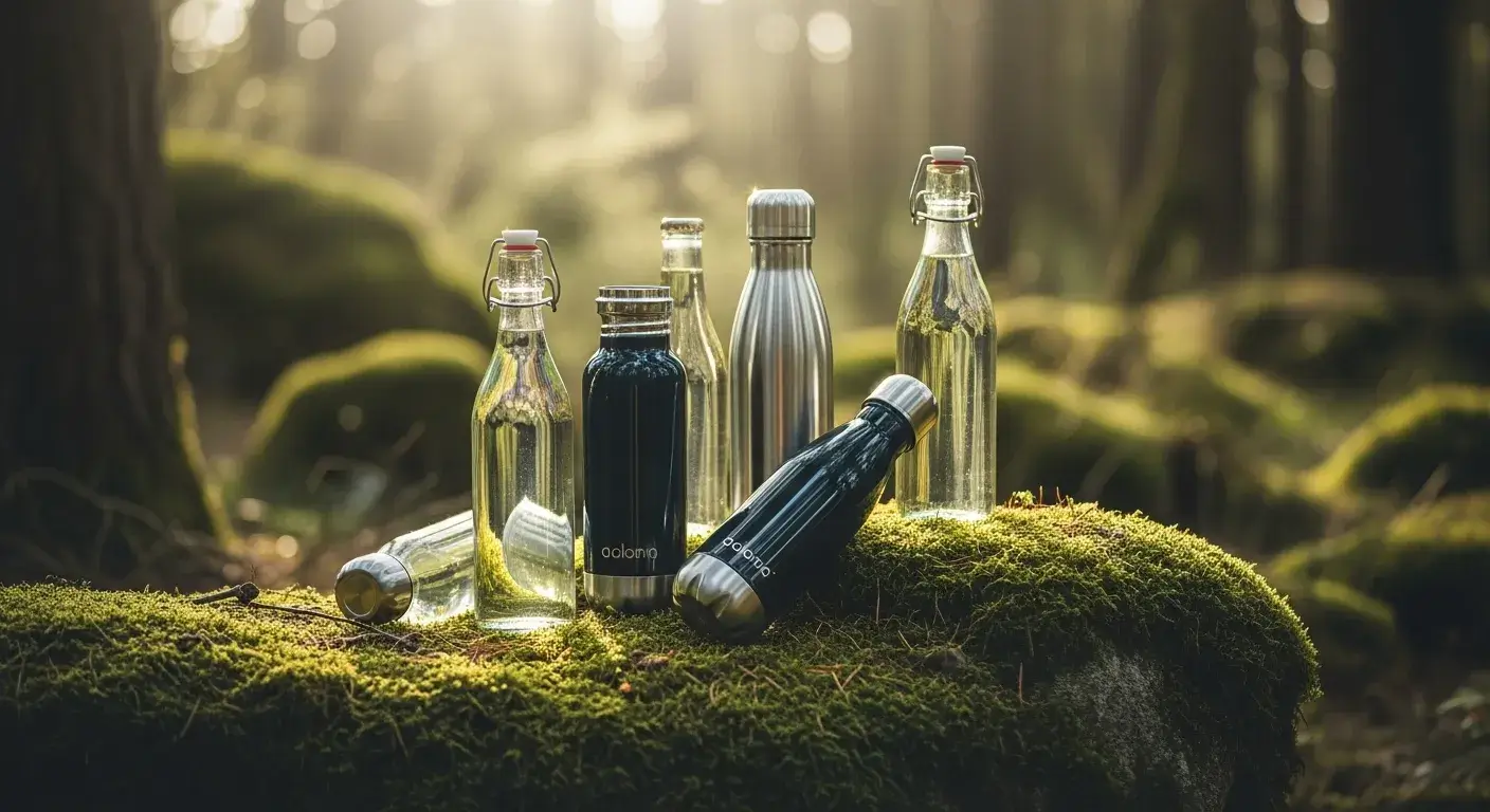 Glass and stainless steel bottle on mossy rock outdoors