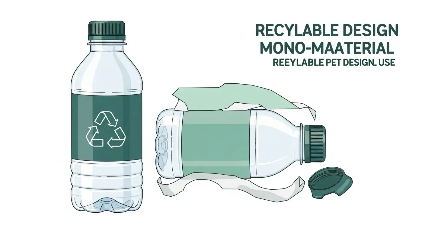 Recyclable PET bottle diagram showing mono-material build, peelable label, and attached cap