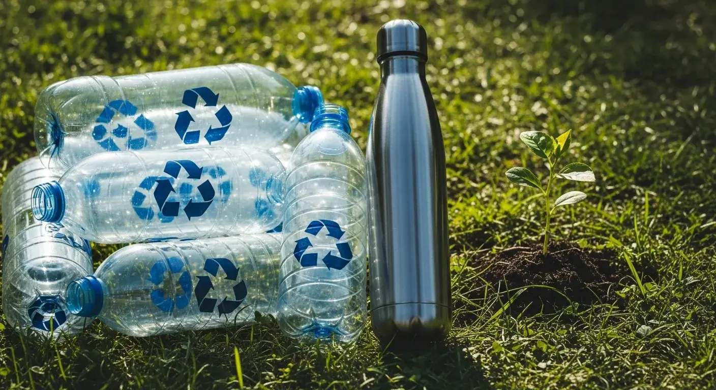 Recycled PET bottles and stainless bottle with green leaf