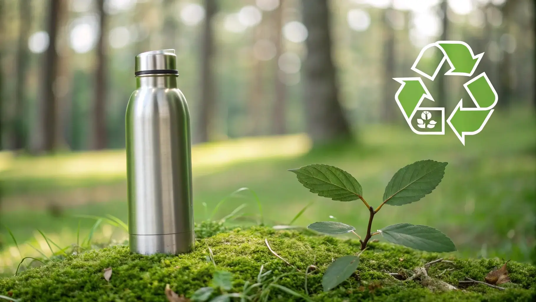 Metal water bottle with recycling icon and green leaf overlay on natural background