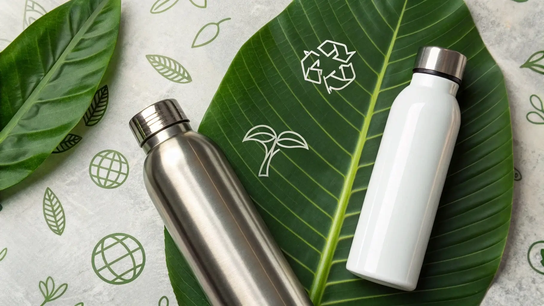 Recyclable icons over stainless steel and aluminum bottles with Earth and green leaf elements
