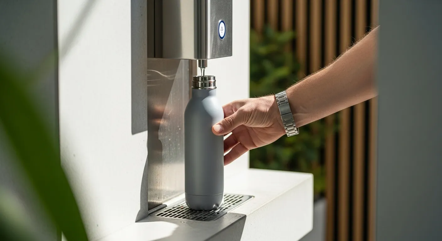Person refilling reusable bottle at station