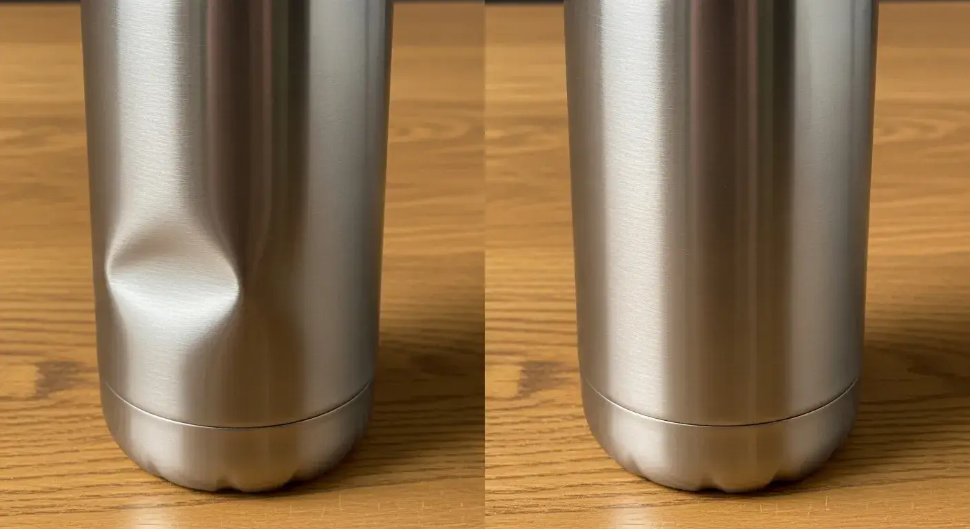 Before and after of DIY S'well bottle dent fix
