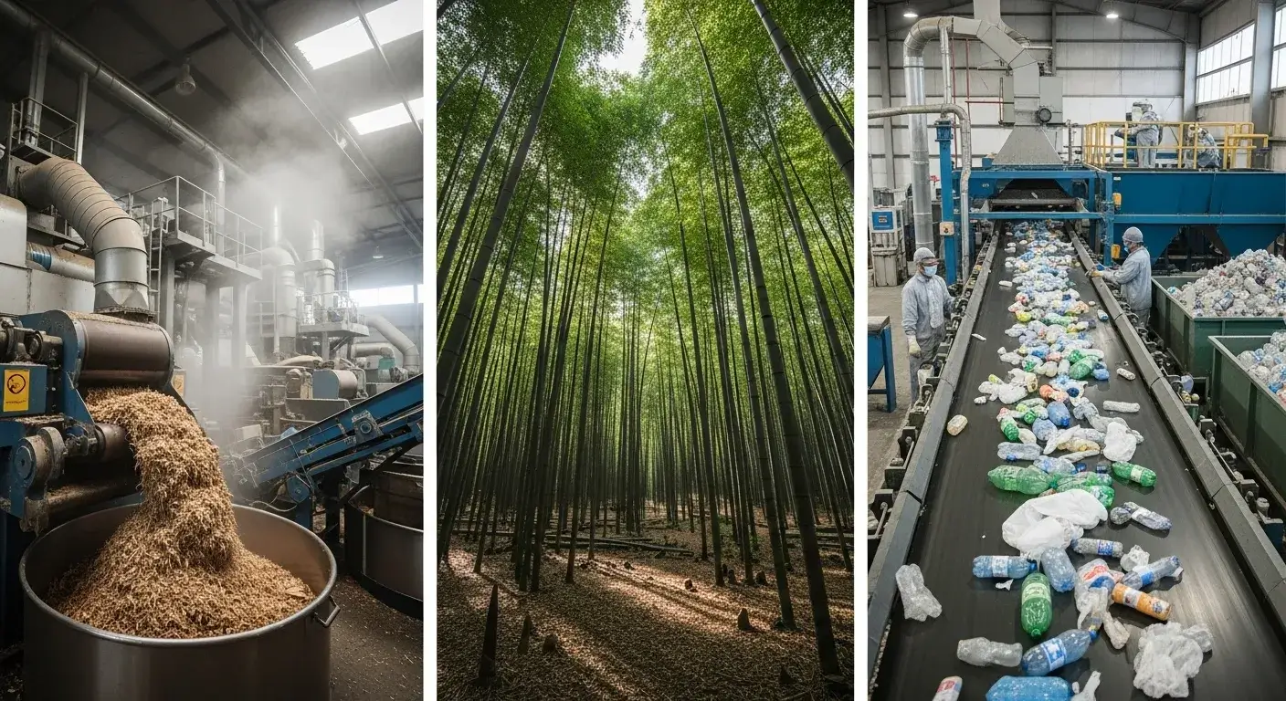 Sustainable material impacts Side-by-side images of paper pulp, bamboo forest, and plastic recycling plant