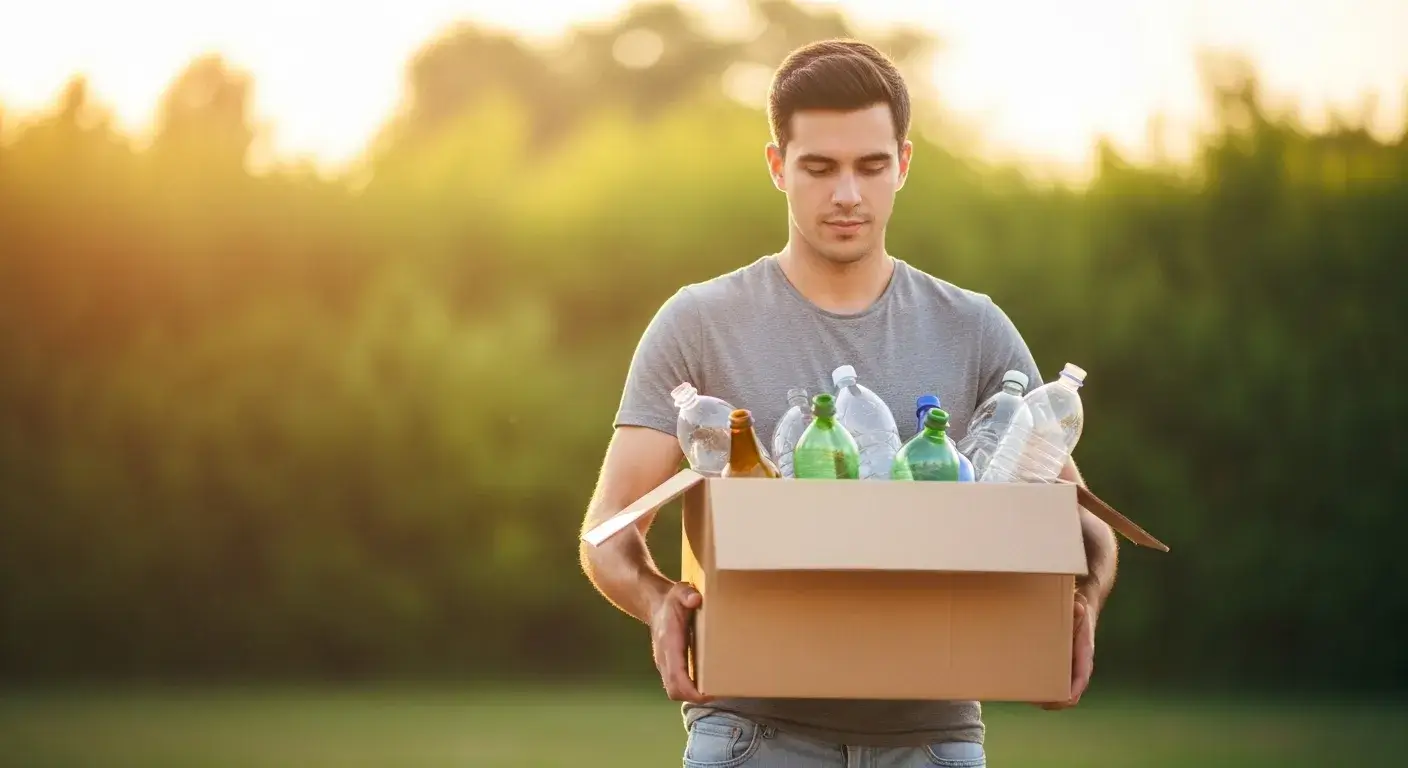 Recycling box with glass and plastic bottles outdoors