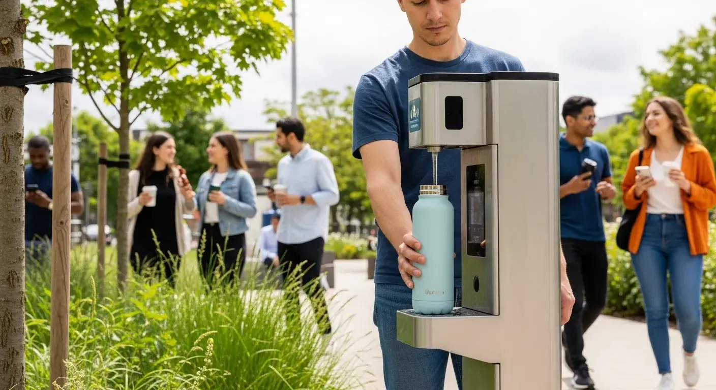 Person filling reusable bottle at public refill station