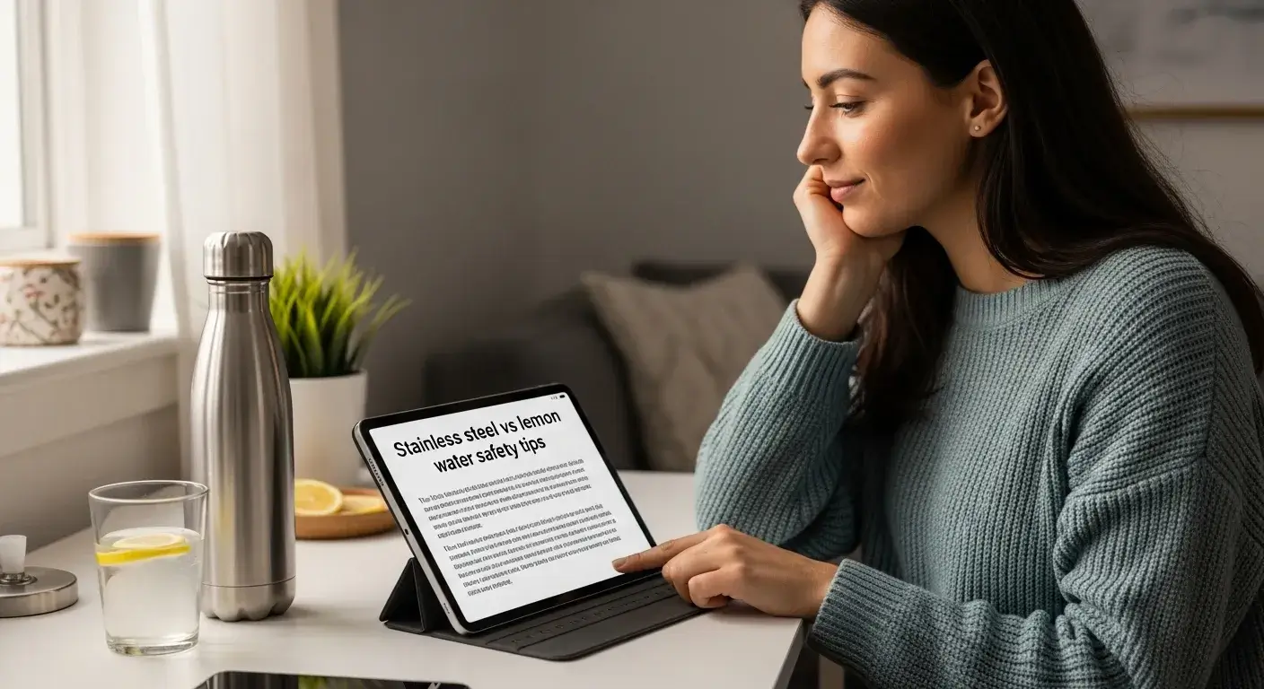 Person reviewing stainless bottle blog on tablet