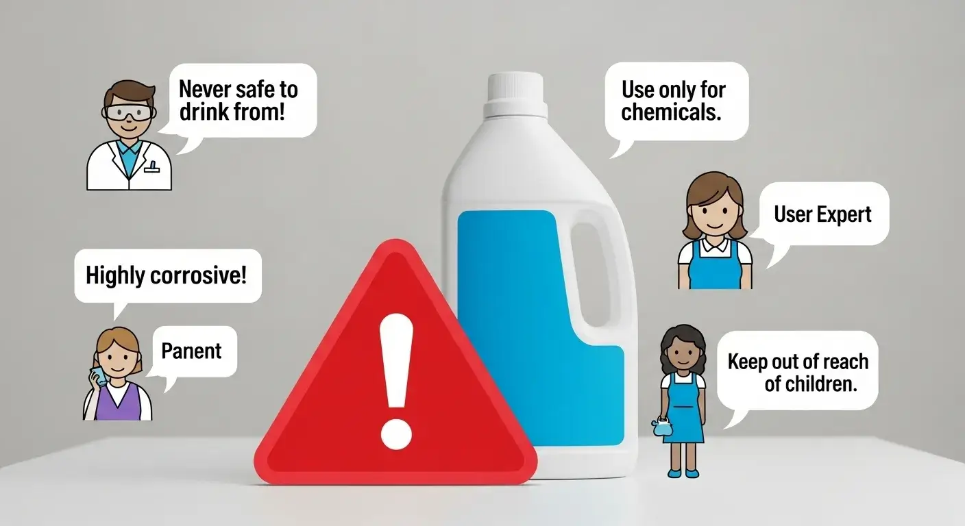 Text bubble quotes warning against drinking from bleach bottles