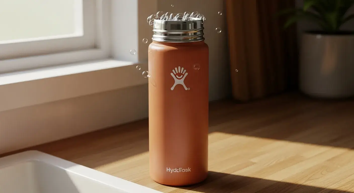 Insulated stainless steel water bottle being cleaned on a sink counter