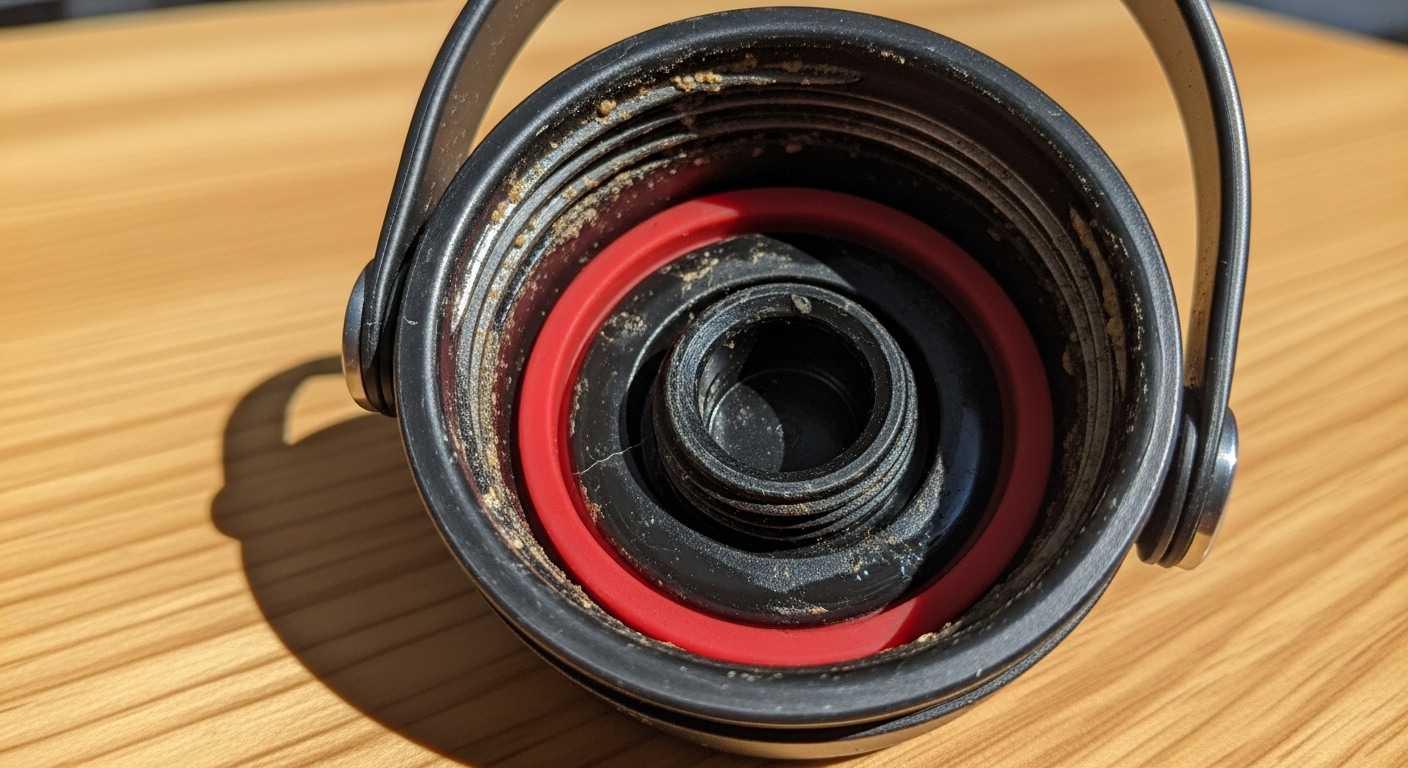 Close-up of dirty Flex Sip lid showing grime in seal area