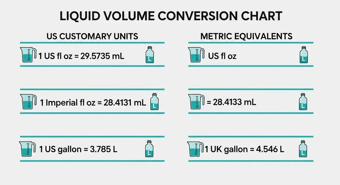 Chart showing US and UK fluid ounces in milliliters