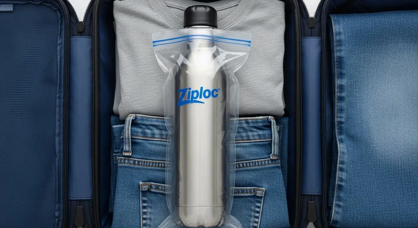 Full bottle in checked bag Full bottle packed safely in suitcase