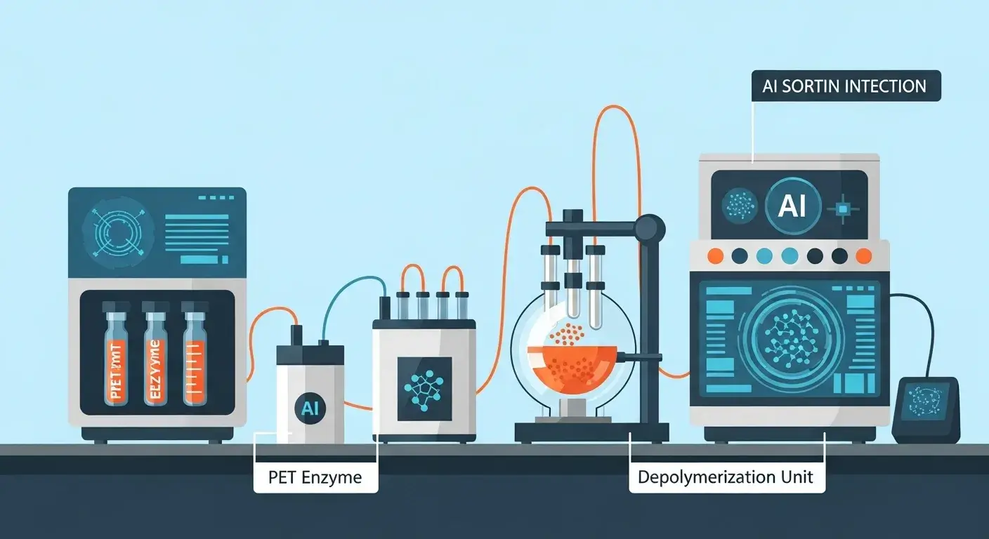 Lab showing PET enzyme recycling equipment, chemical depolymerization setup, and AI sorters