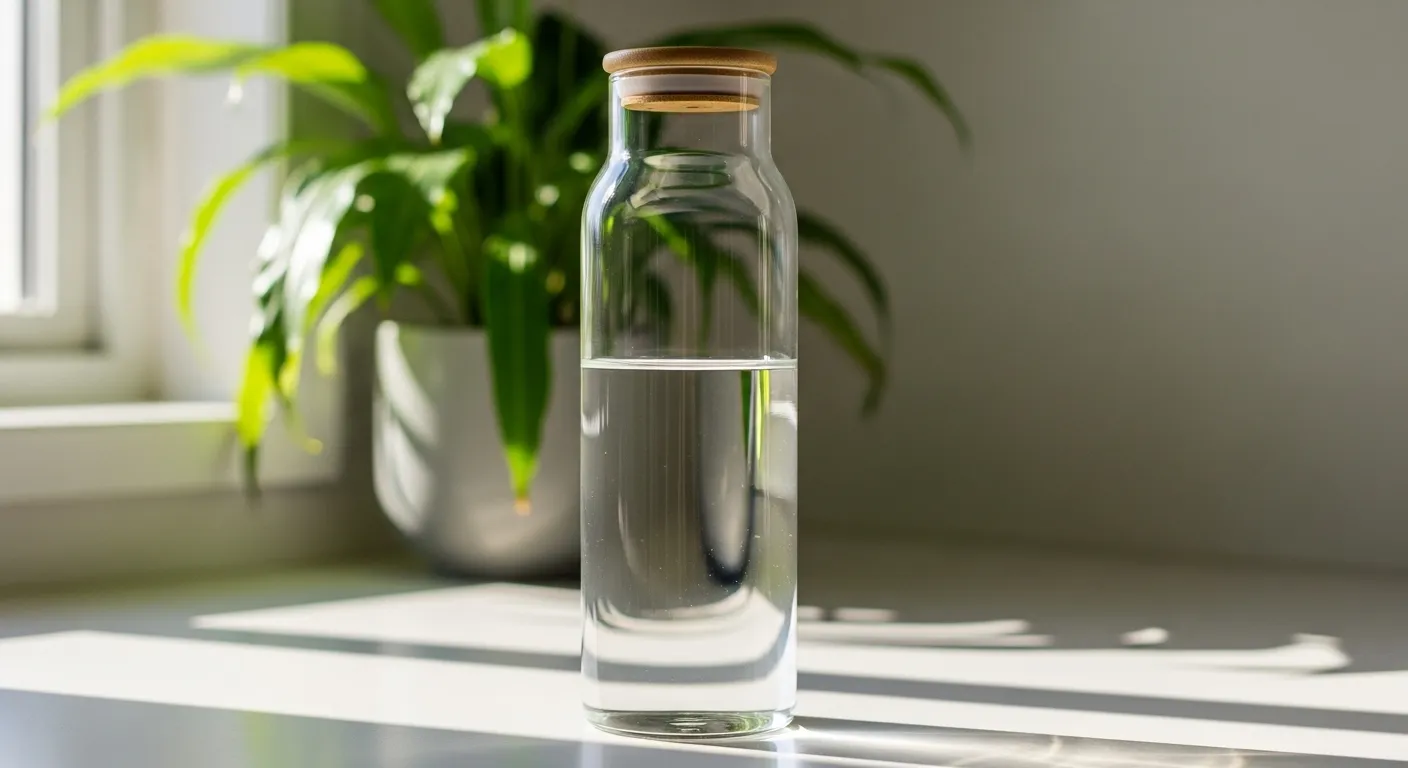 Clear glass water bottle on kitchen counter