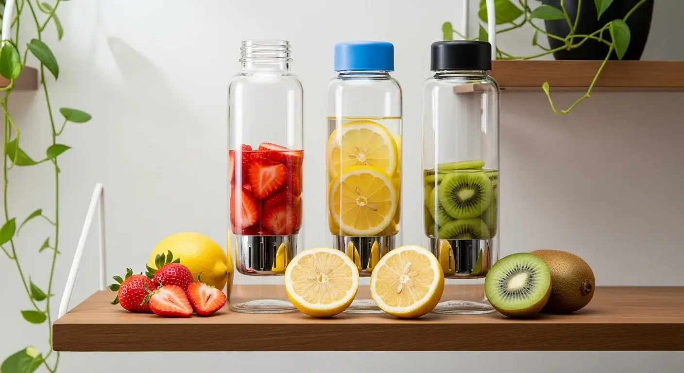Clear glass water bottle with infuser on wooden shelf