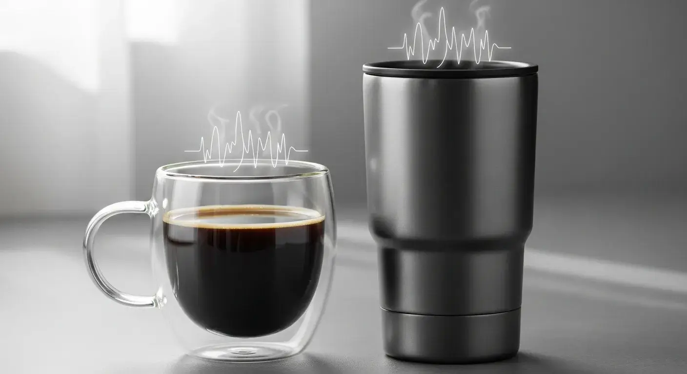 Glass vs stainless performance Glass double-walled mug and steel mug with heat wave icons