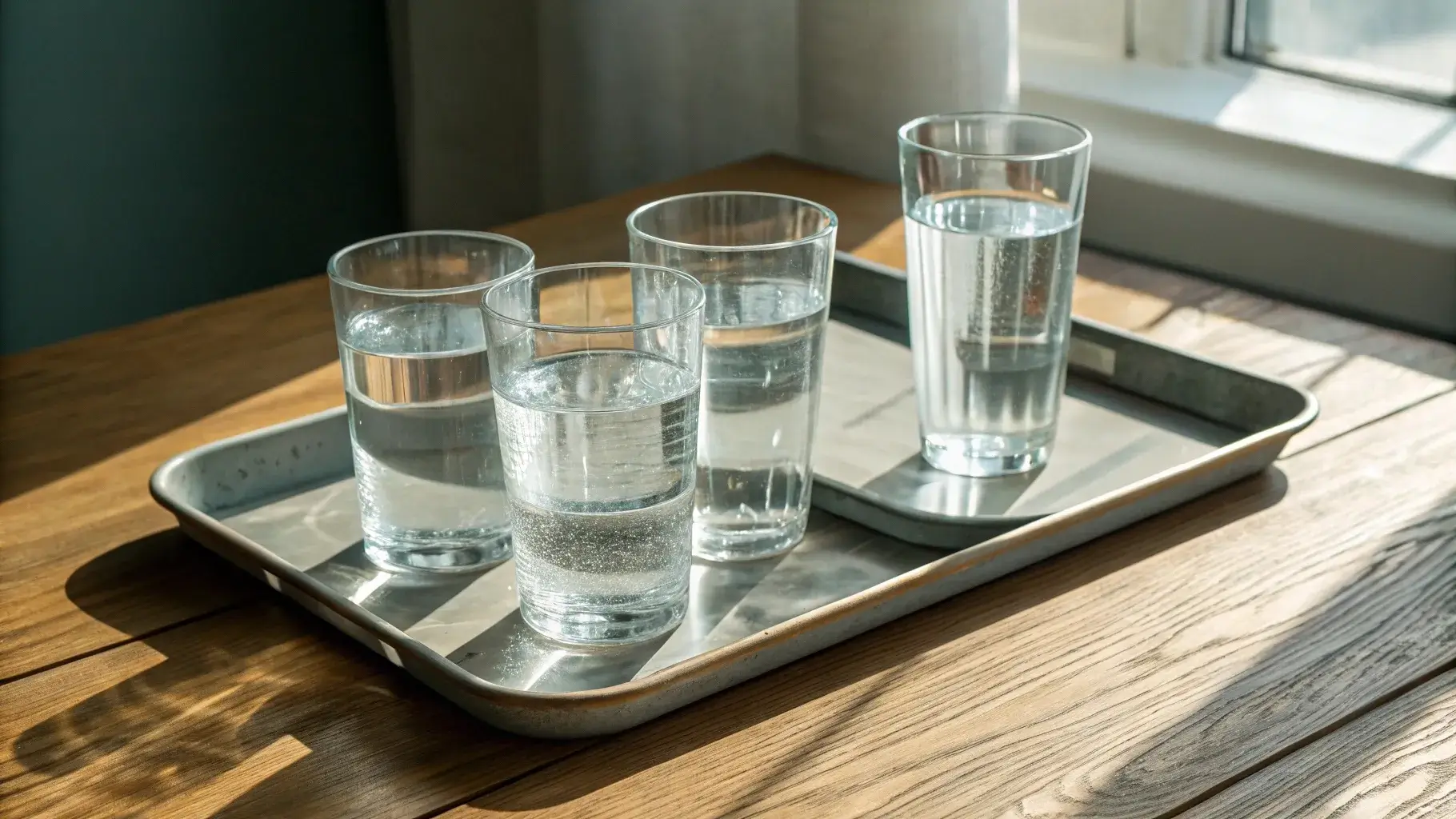Four glasses of water next to liter bottle