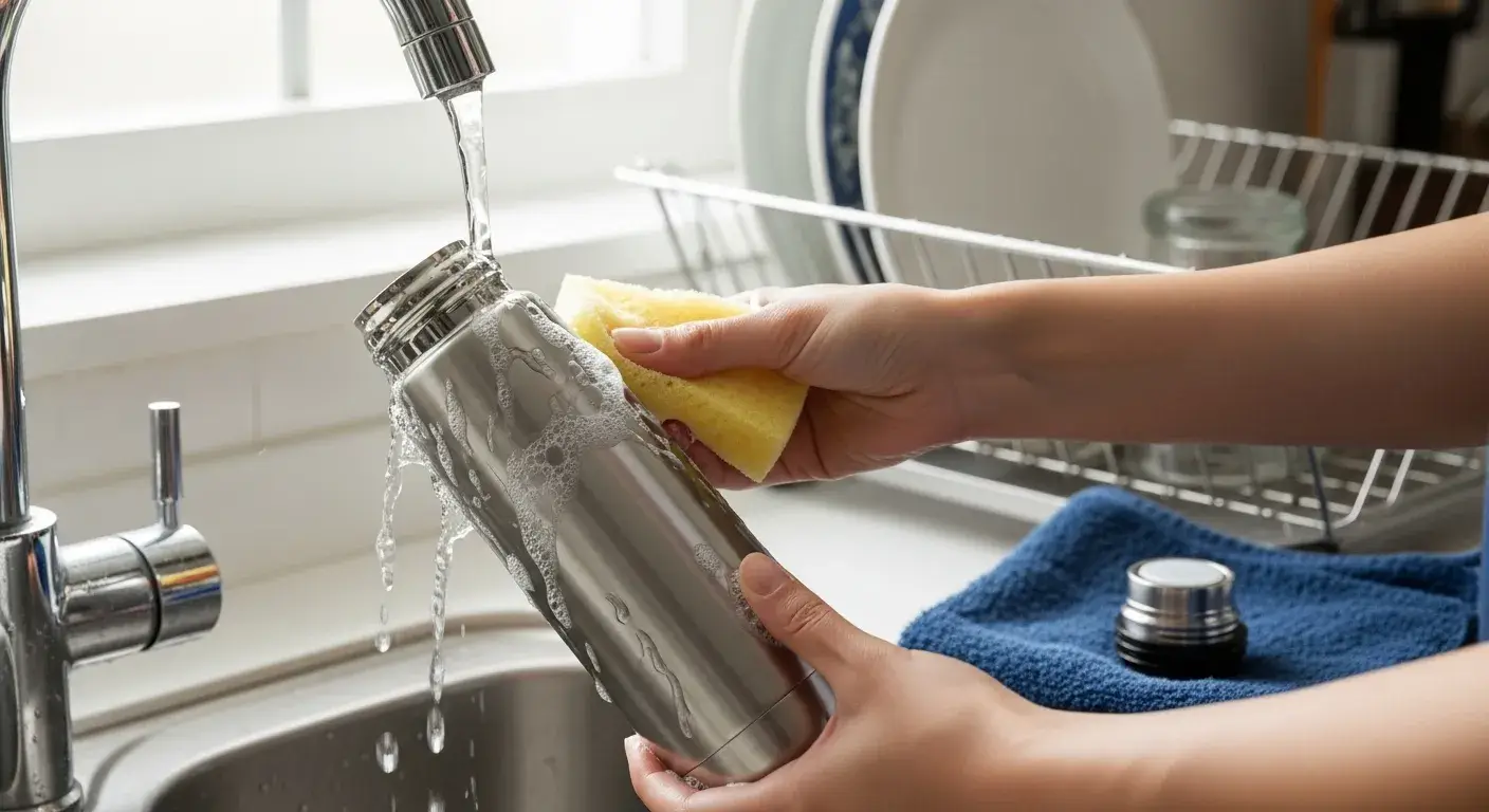 Person handwashing an insulated bottle in sink