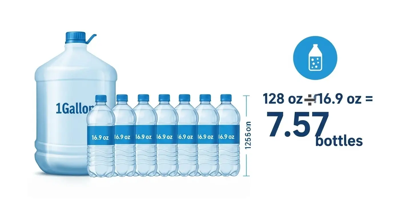 Calculation diagram showing bottles of water adding up to one gallon