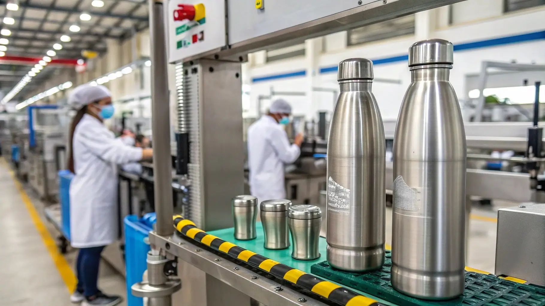 Factory process showing stainless steel sheet being formed into a water bottle with welding and coating steps