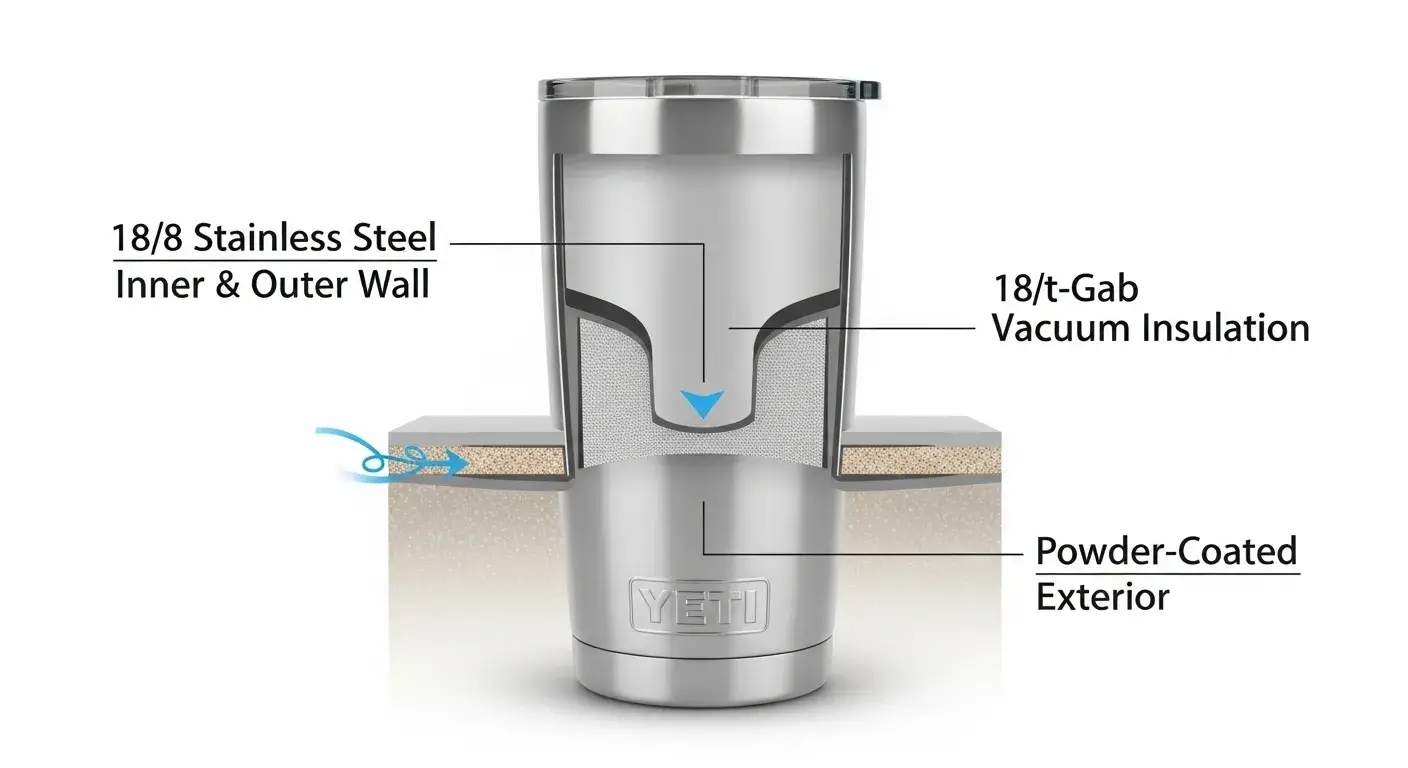 Cutaway of Yeti tumbler showing insulation layers