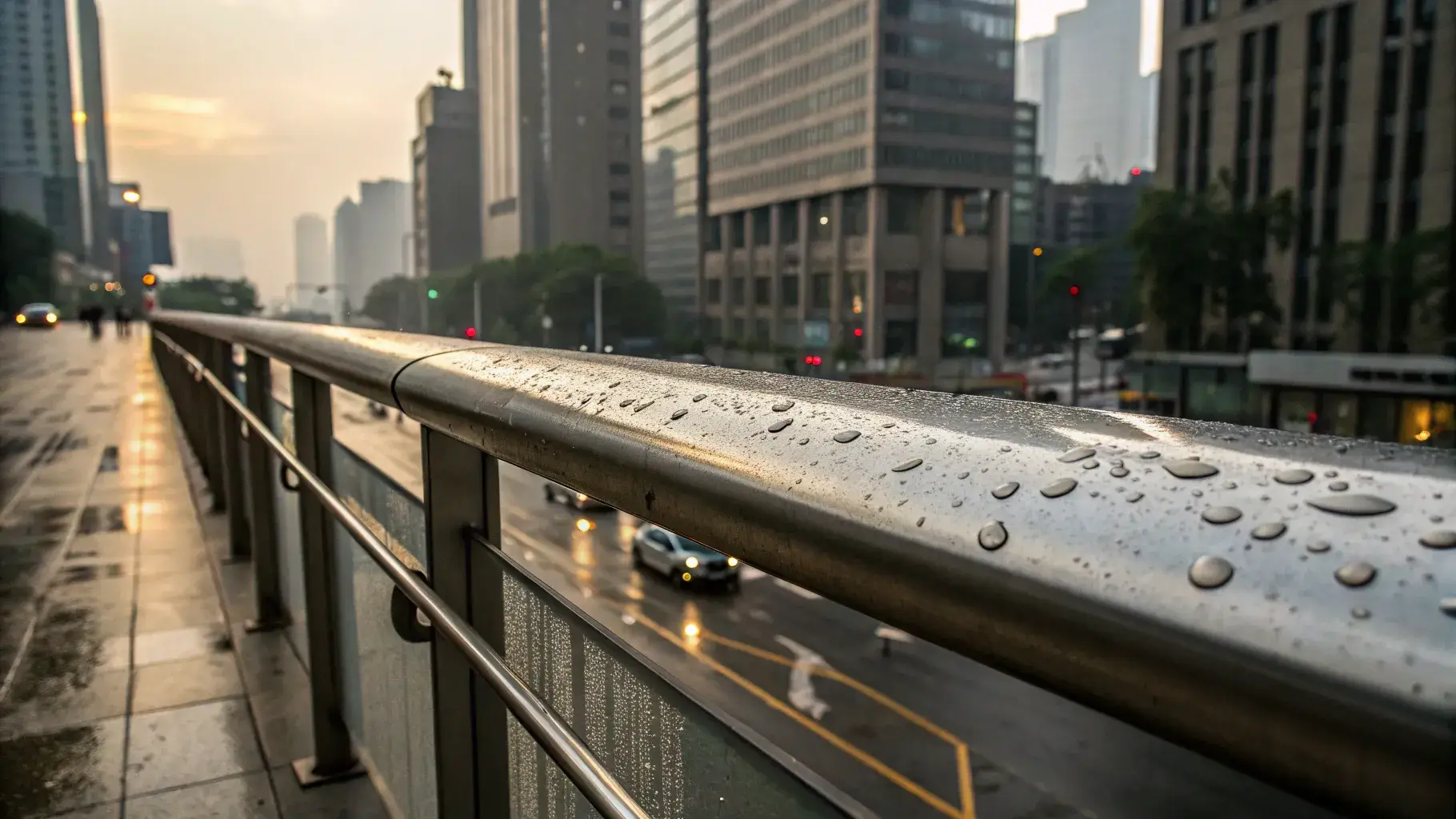 Humidity and pollution effects Stainless steel outdoor structure with stain spots from humidity
