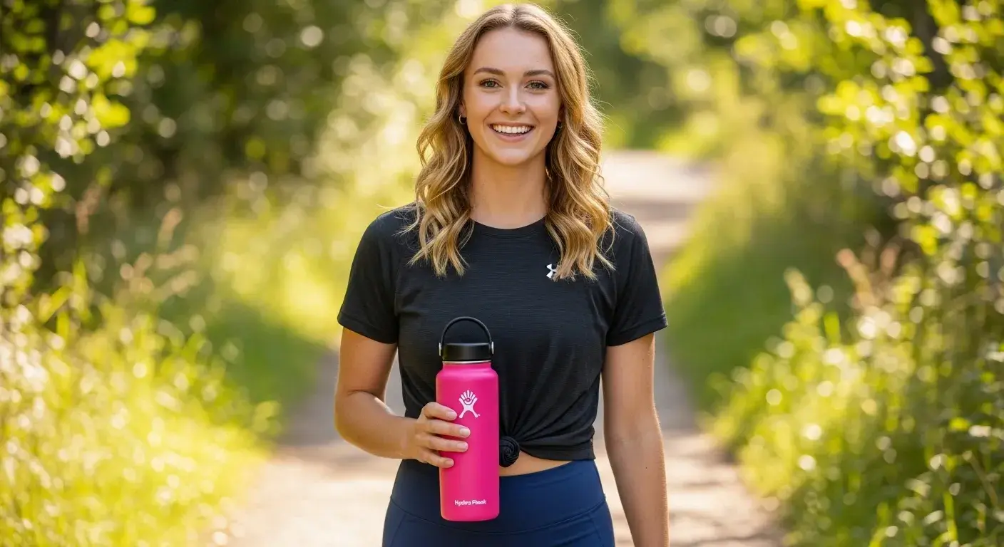 Person holding Hydro Flask in nature setting with logo focus