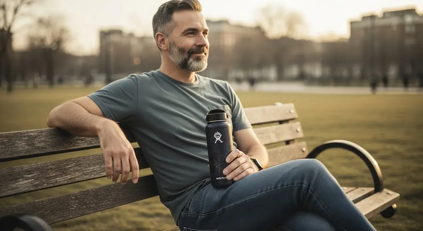 Smiling user holding well-used Hydro Flask bottle