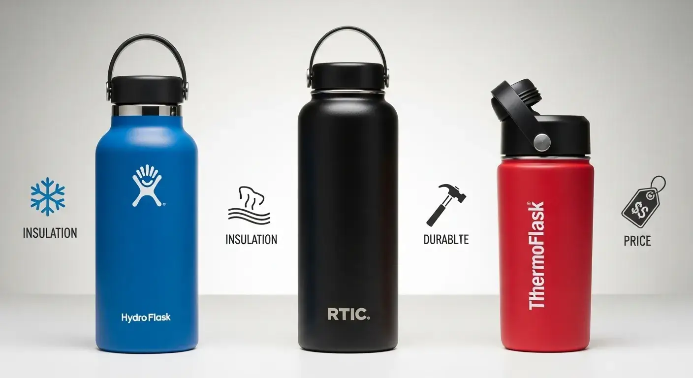 Hydro Flask next to RTIC and ThermoFlask bottles