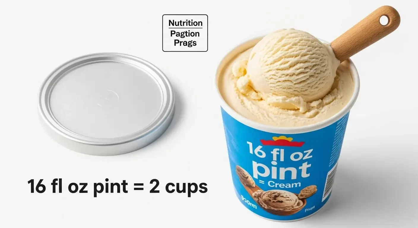 Open ice cream container labeled 16 fluid ounce pint