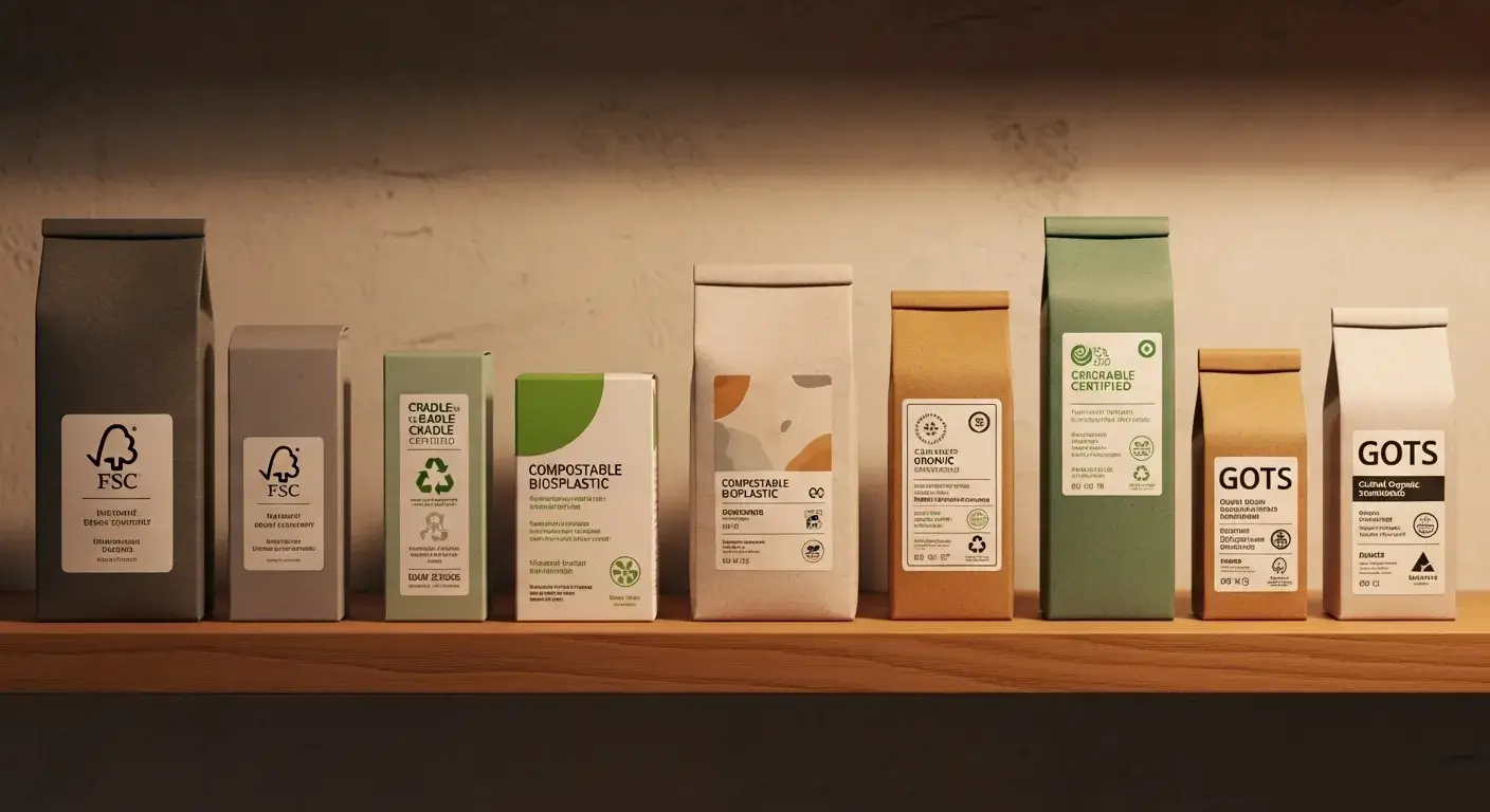 Spotting real eco claims Product packaging with visible certifications like FSC and Cradle to Cradle