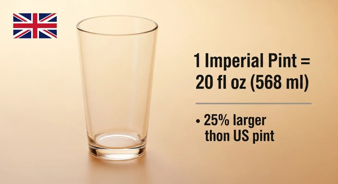 Imperial pint measurement labeled 20 fluid ounces