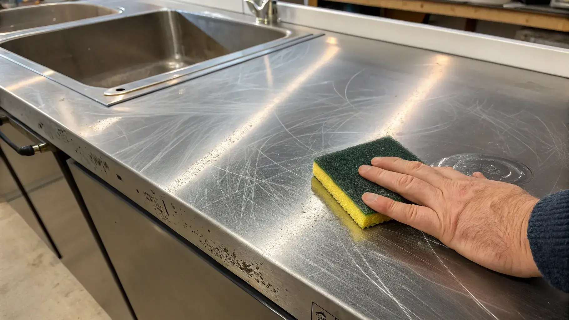 Damaged by improper cleaning Scratched stainless steel surface from abrasive cleaning