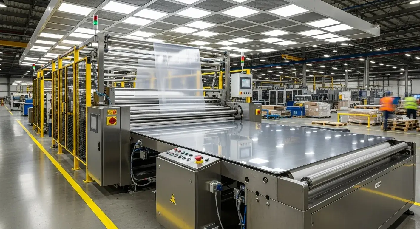 Large metal sheet with film rolling machine