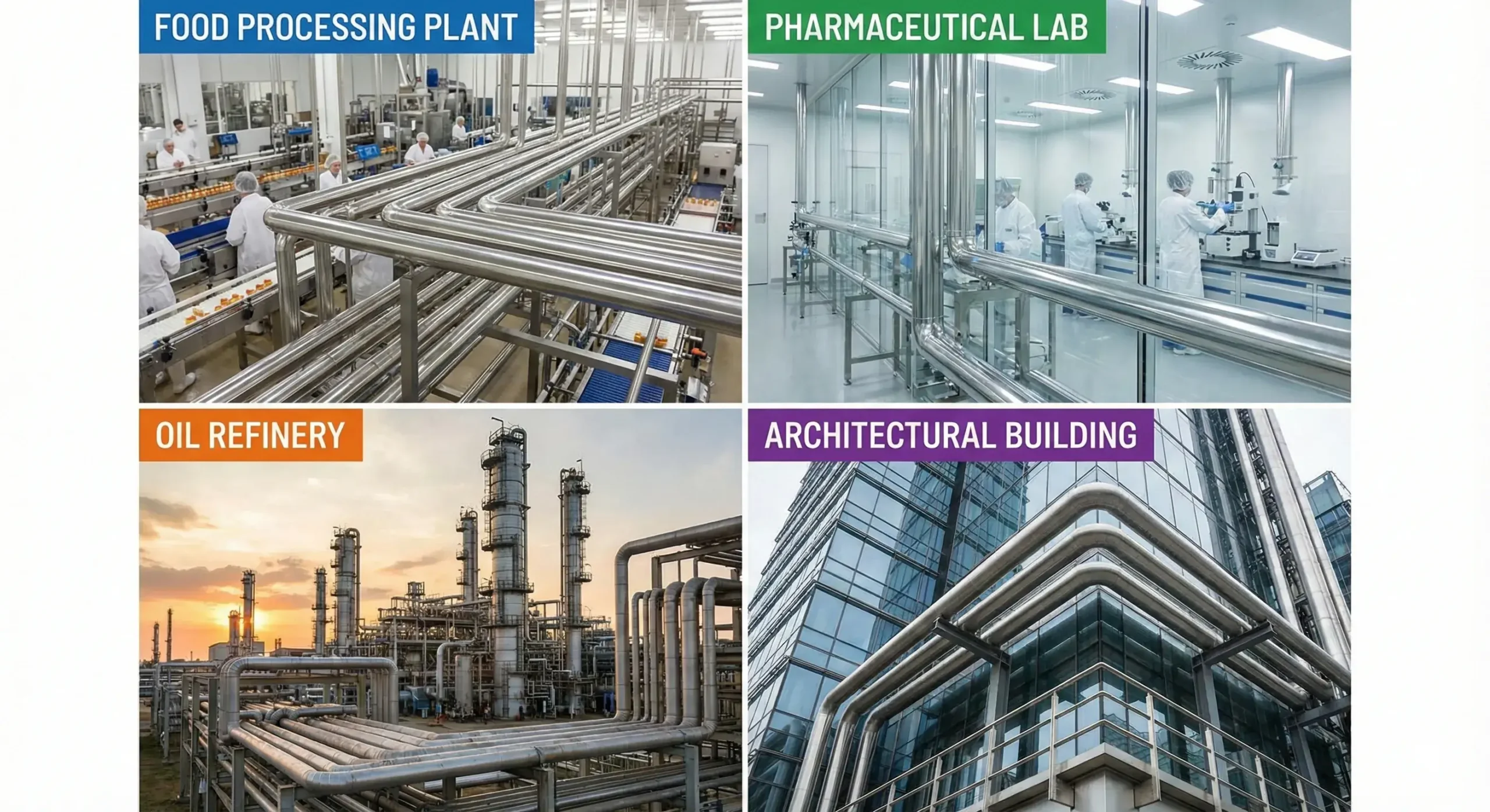 Where seamless pipes are used Industries using 304 stainless seamless pipes: food, pharma, oil, architecture