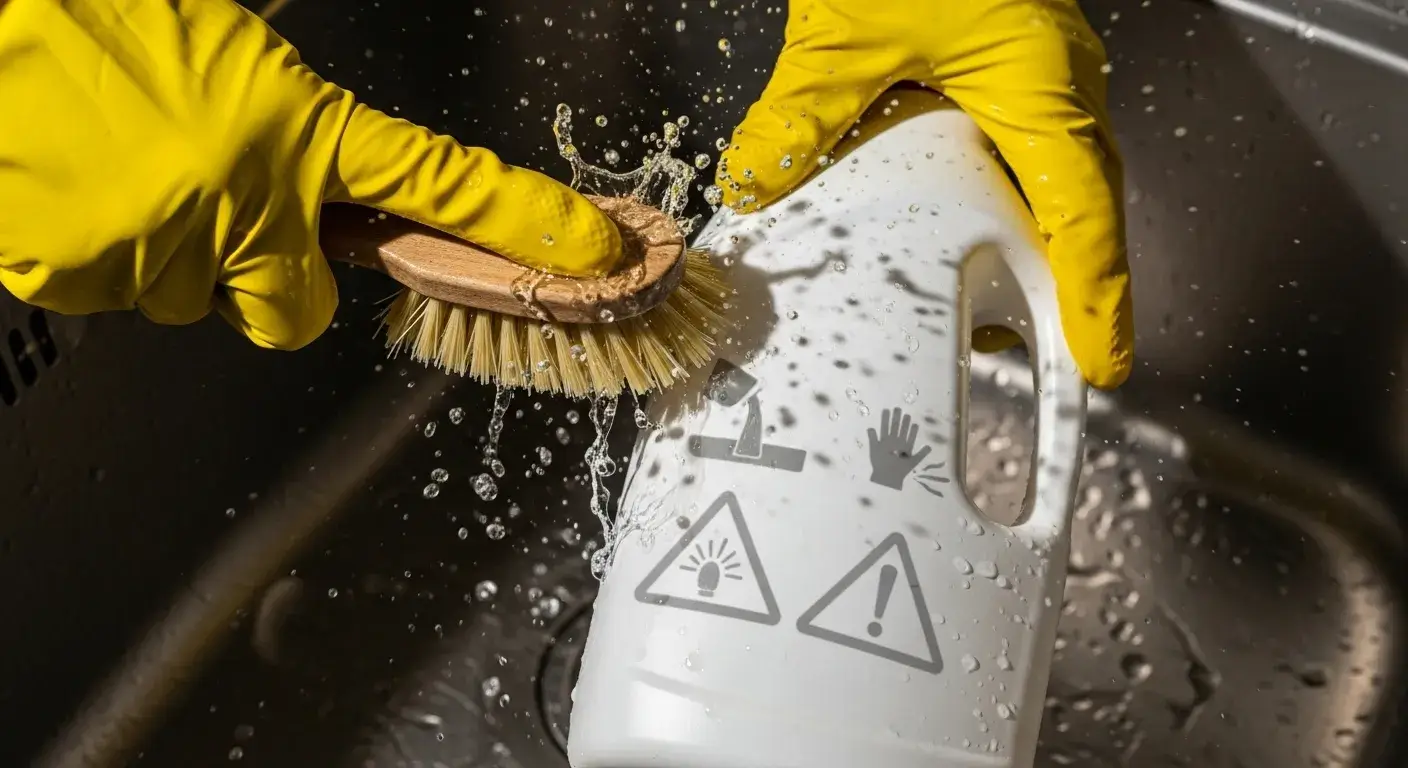 Person cleaning bleach bottle with gloves and brush