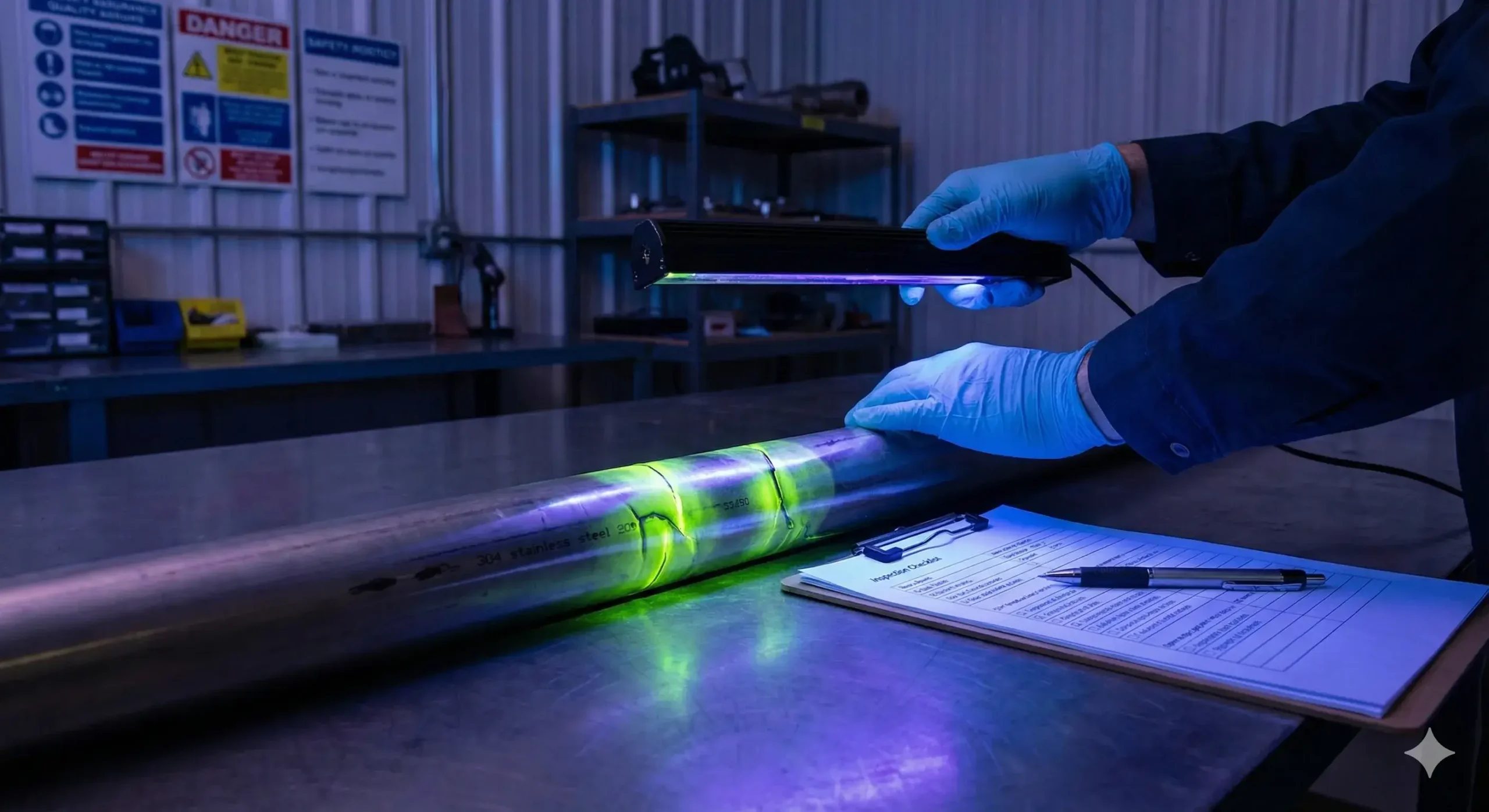 Inspection for crack prevention Technician inspecting stainless steel tube with dye penetrant