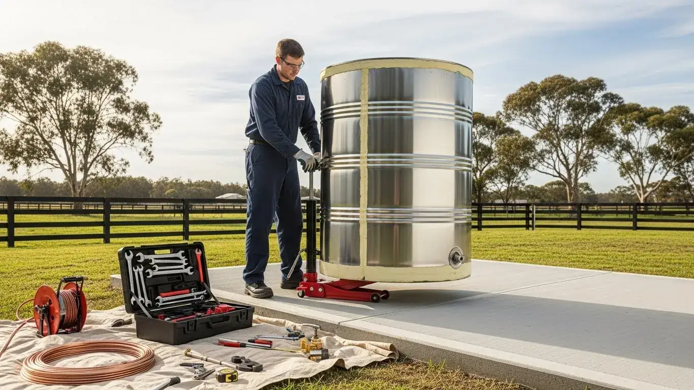 Proper tank installation Worker installing steel tank on level concrete base