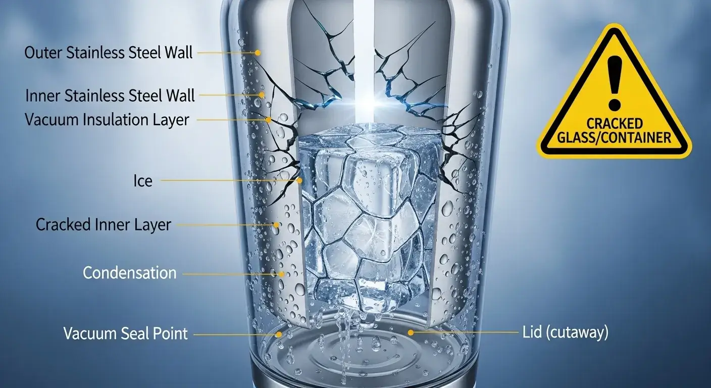 Frozen insulated bottle with cracked interior