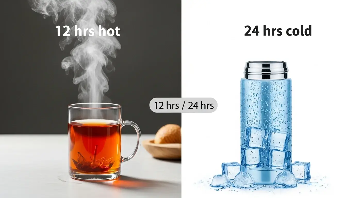 Vacuum-insulated stainless steel water bottle with steaming hot tea and icy cold water comparison