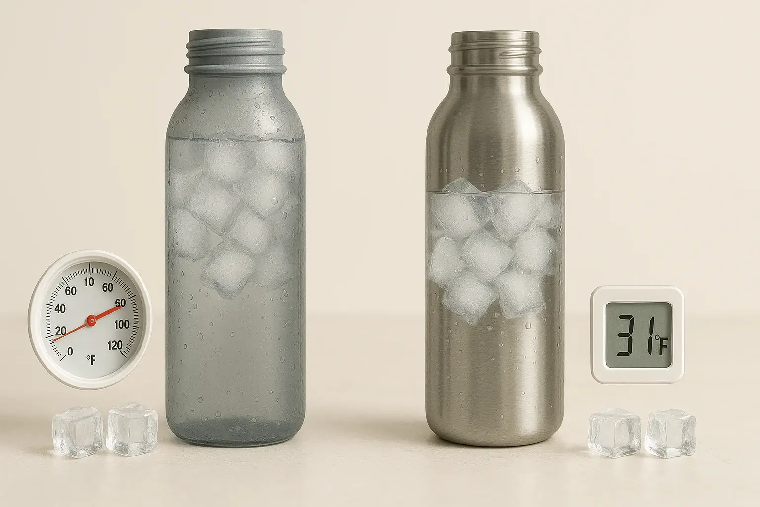 Thermal comparison of stainless steel and aluminum bottles with ice cubes and temperature display