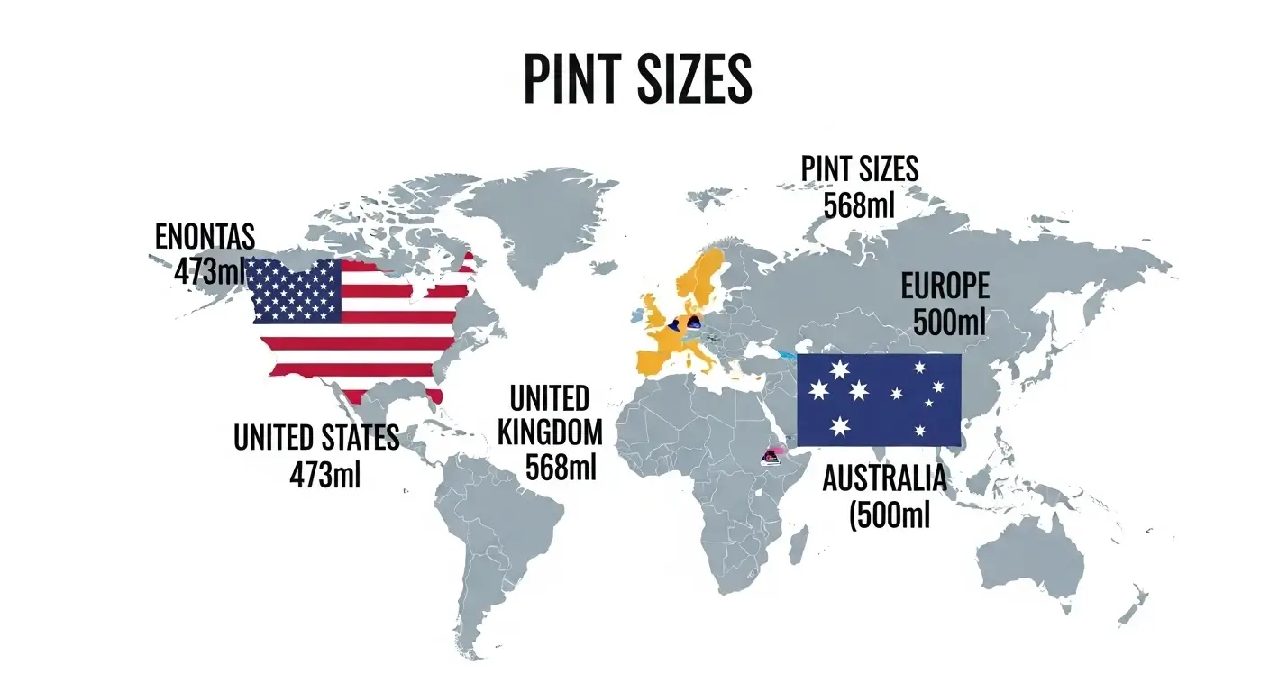 World map showing pint sizes: US‑473ml, UK‑568ml, Europe‑500ml