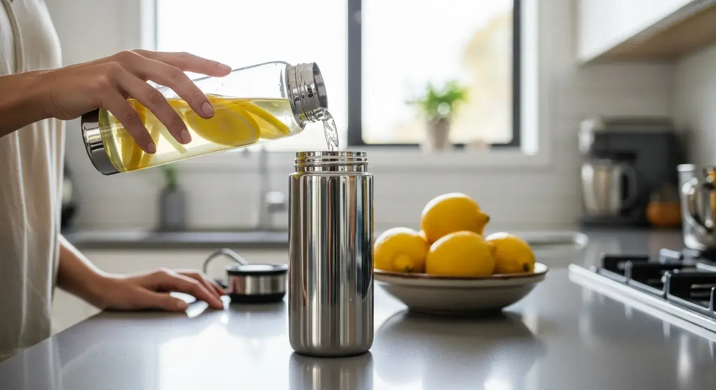 Pouring lemon water into stainless bottle