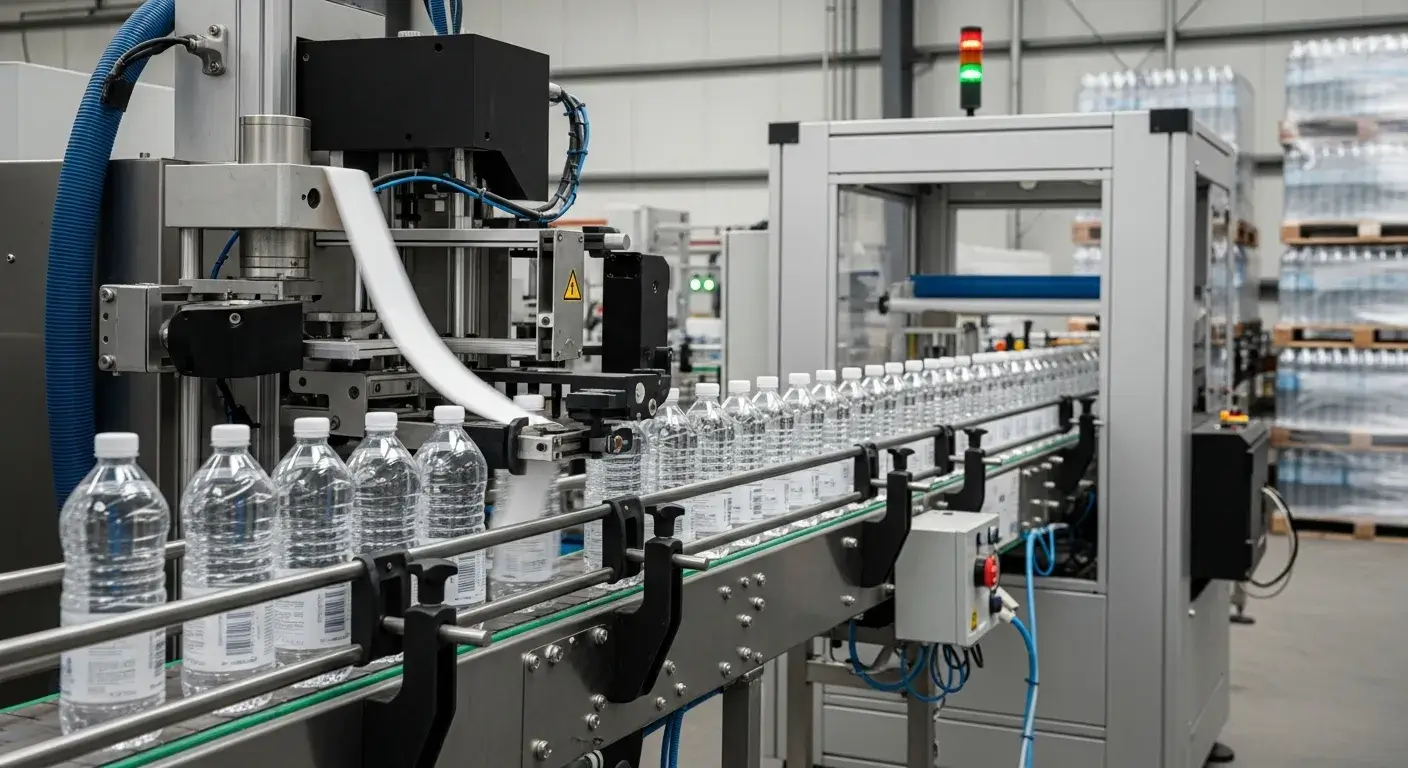 Water bottles on conveyor with label applicator