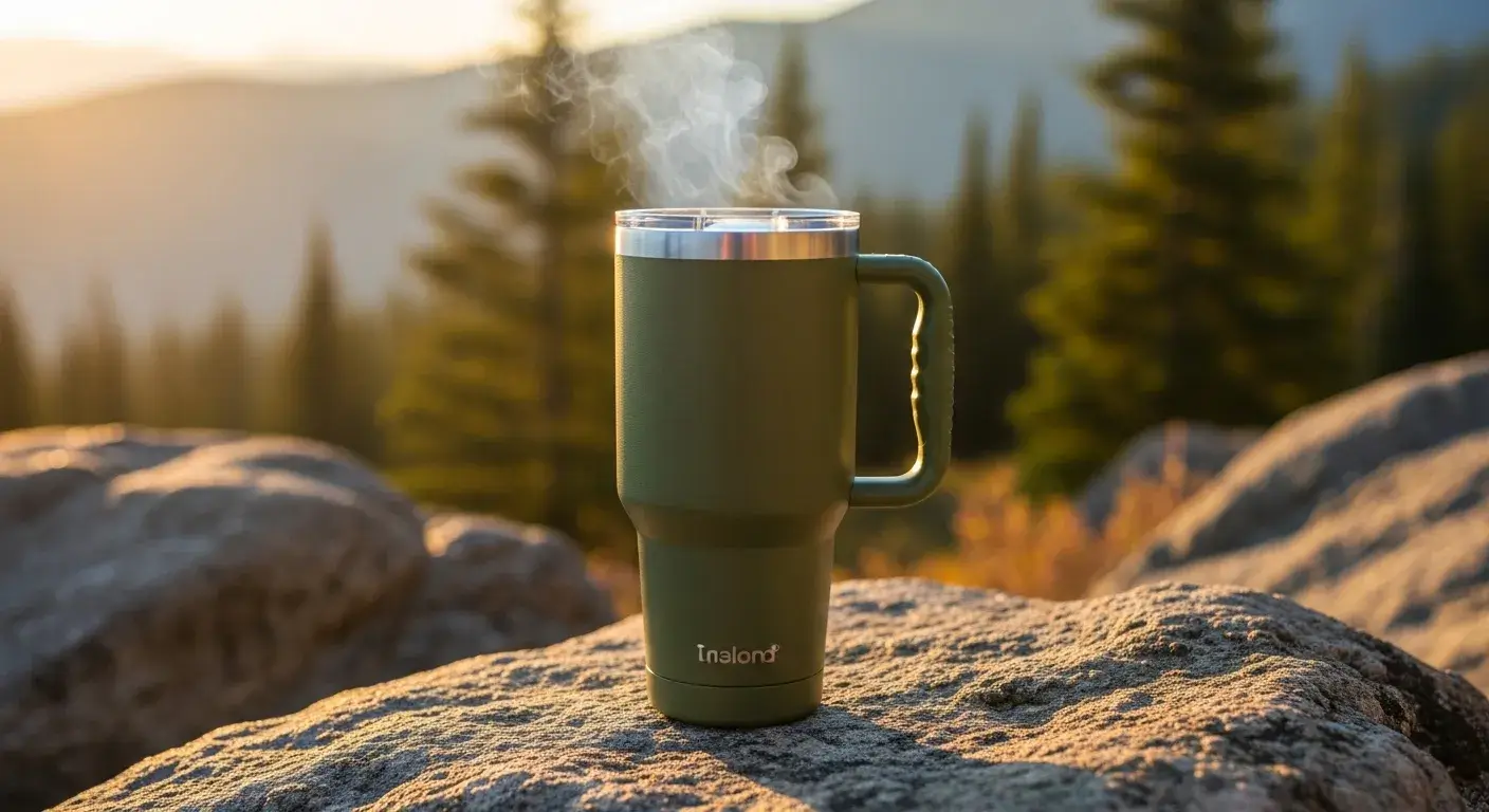 Large tumbler keeping drink hot with steam rising