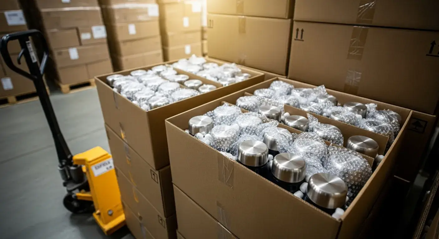 Bottles packed in shipping boxes