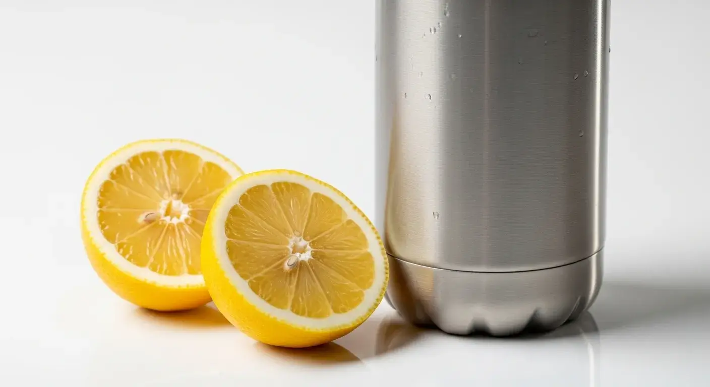 Stainless bottle with lemon halves nearby